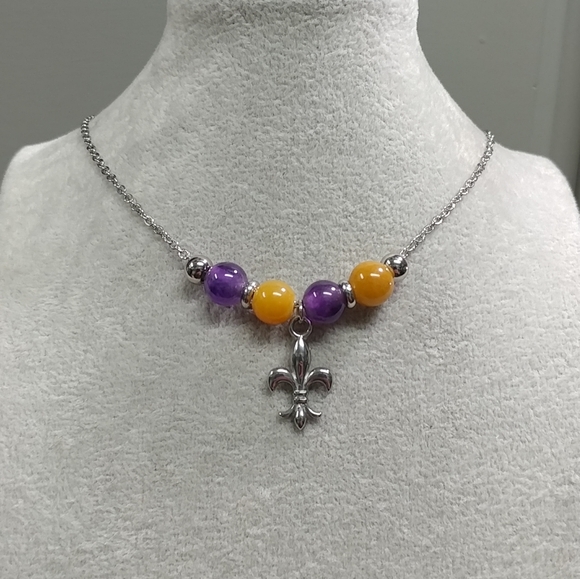 Fleur De Lis Amethyst Jade Bead Necklace Natural Gemstone LSU Purple & Gold NOLA - Picture 12 of 17